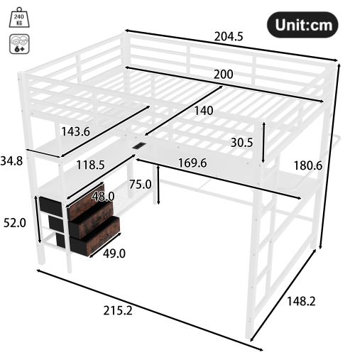 Lit Mezzanine 140x200 Cm Avec Lumière LED, Bureau, Port USB, 3 Tiroirs, Étagère De Rangement, Blanc