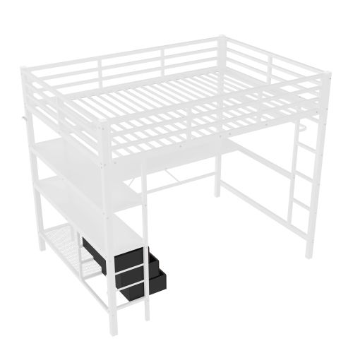 Lit Mezzanine 140x200 Cm Avec Lumière LED, Bureau, Port USB, 3 Tiroirs, Étagère De Rangement, Blanc