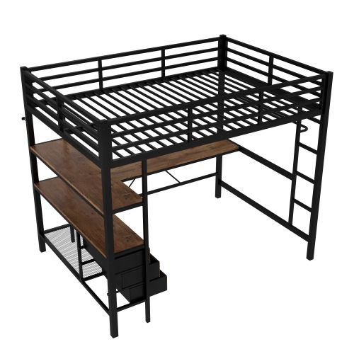 Lit Mezzanine 140x200 Cm Avec Lumière LED, Bureau, Port USB, 3 Tiroirs Et Étagère De Rangement, Noir