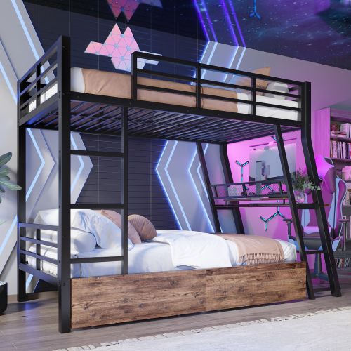 Lit Superposé 90x200 Cm Avec Éclairage LED, 2 Tiroirs, Bureau, Noir