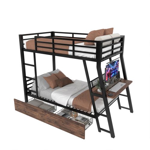 Lit Superposé 90x200 Cm Avec Éclairage LED, 2 Tiroirs, Bureau, Noir