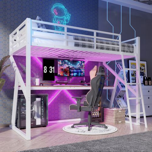 Lit Mezzanine 90x200 Cm Avec Éclairage LED, Barrières De Sécurité, Bureau, En Métal, Blanc