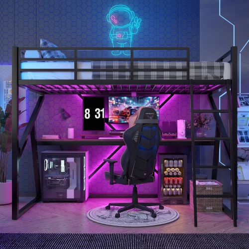 Lit Mezzanine 90x200 Cm Avec Éclairage LED, Barrières De Sécurité, Bureau, En Métal, Noir