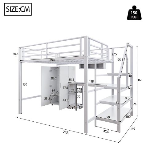 Lit Mezzanine 140x200 Cm Avec Armoire, Étagères, Échelle De Rangement, Bureau, En Métal, Blanc