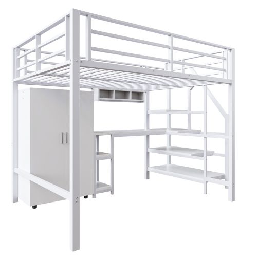 Lit Mezzanine 140x200 Cm Avec Armoire, Étagères, Échelle De Rangement, Bureau, En Métal, Blanc