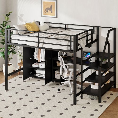 Lit Mezzanine 140x200 Cm Avec Armoire, Étagères, Échelle De Rangement, Bureau, En Métal, Noir