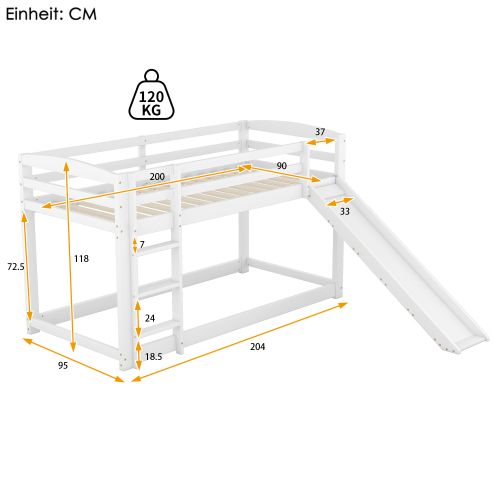 Lit Superposé 90x200 Cm Avec Toboggan, Barrière De Sécurité, Sans Sommier à Lattes, Blanc