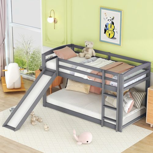 Lit Superposé 90x200 Cm Avec Toboggan, Barrière De Sécurité, Sans Sommier à Lattes, Gris