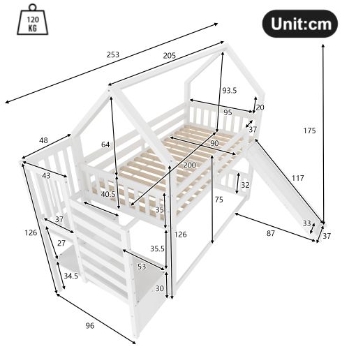Lit Superposé 90x200 Cm Avec Échelle De Rangement, Toboggan, Barrière De Sécurité, Blanc