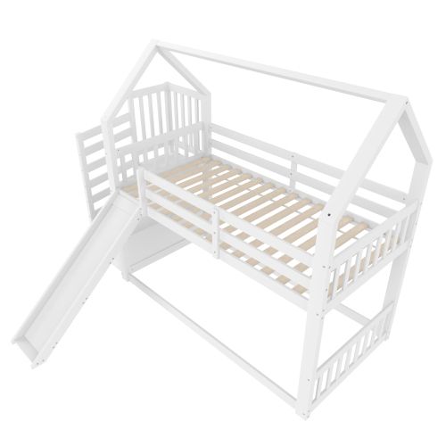 Lit Superposé 90x200 Cm Avec Échelle De Rangement, Toboggan, Barrière De Sécurité, Blanc