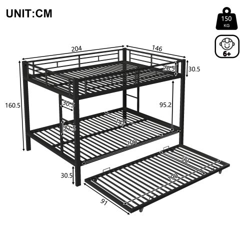 Lit Superposé 140x200 Cm Avec Lit Gigogne 90x190 Cm, Barrière De Sécurité Haute, Noir