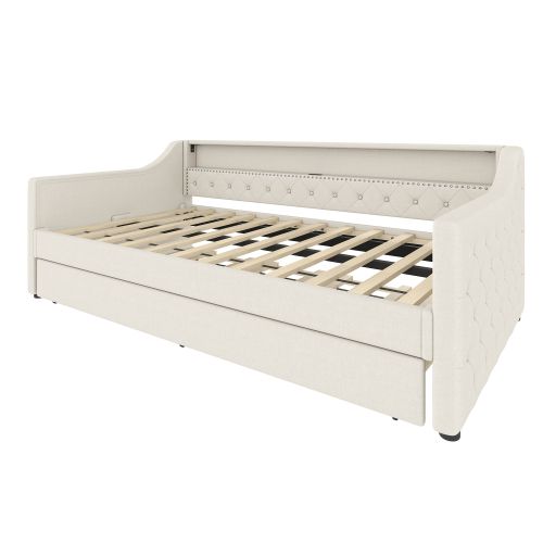 Lit Gigogne 90x200 Cm Avec Lumière LED, Port De Chargement USB, En Lin, Sommier à Lattes, Beige