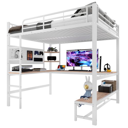 Lit Mezzanine 140x200 Cm Avec Bureau, Barrière De Sécurité, Étagères, Ports USB, Lumière LED, Blanc