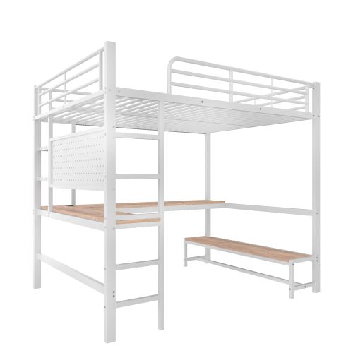 Lit Mezzanine 140x200 Cm Avec Bureau, Barrière De Sécurité, Étagères, Ports USB, Lumière LED, Blanc