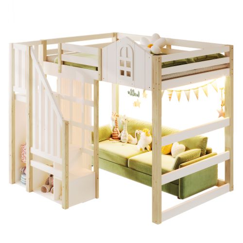 Lit Mezzanine 140x200 Cm Avec LED, Fenêtre Design, Échelle De Rangement, Voilage, Blanc Et Bois