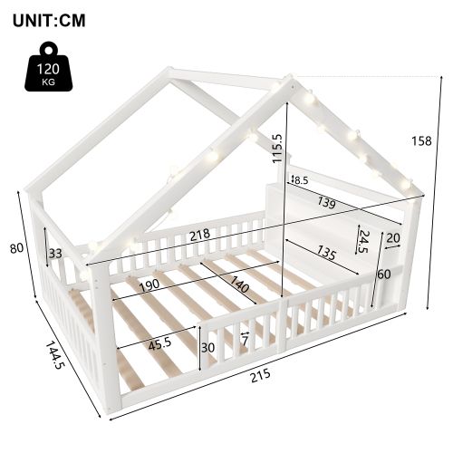 Lit Cabane 140x190 Cm, Lit Enfant Avec Barrières De Sécurité, Sommier à Lattes, Blanc