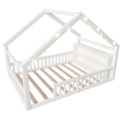 Lit Cabane 140x190 Cm, Lit Enfant Avec Barrières De Sécurité, Sommier à Lattes, Blanc