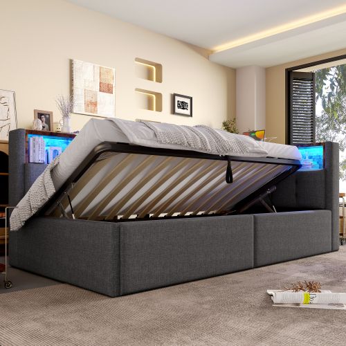 Lit Coffre 90x200 Cm Avec Port USB, LED, Vérin Hydraulique Unilatéral, En Lin, Sans Fond, Gris
