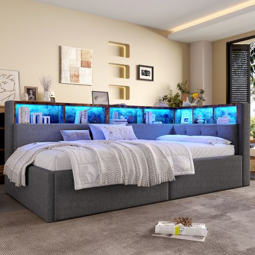 Lit Coffre 90x200 Cm Avec Port USB, LED, Vérin Hydraulique Unilatéral, En Lin, Sans Fond, Gris