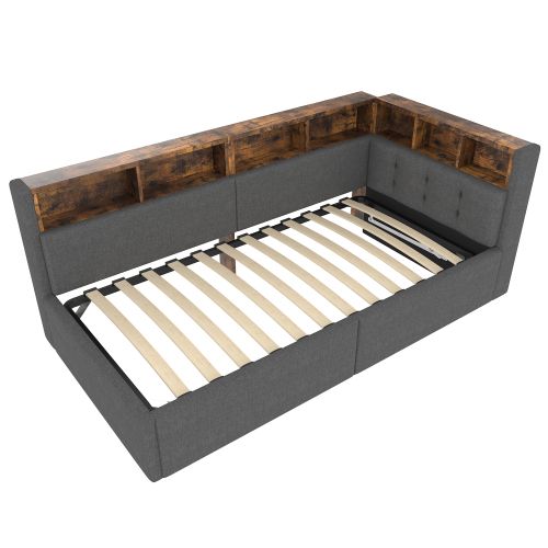 Lit Coffre 90x200 Cm Avec Port USB, LED, Vérin Hydraulique Unilatéral, En Lin, Sans Fond, Gris