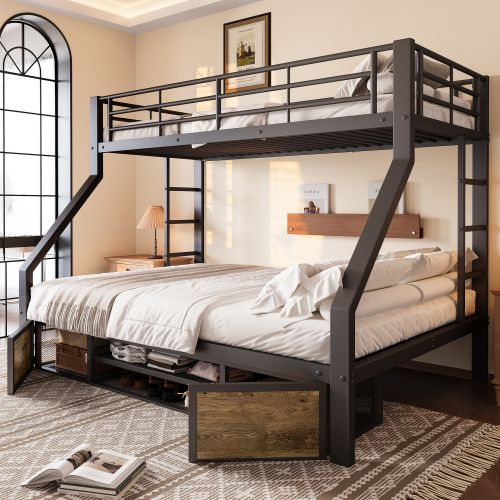 Lit Superposés 90x200 Cm Et 140x200 Cm Avec Étagère à Chaussures, 2 Compartiments De Rangement, Noir