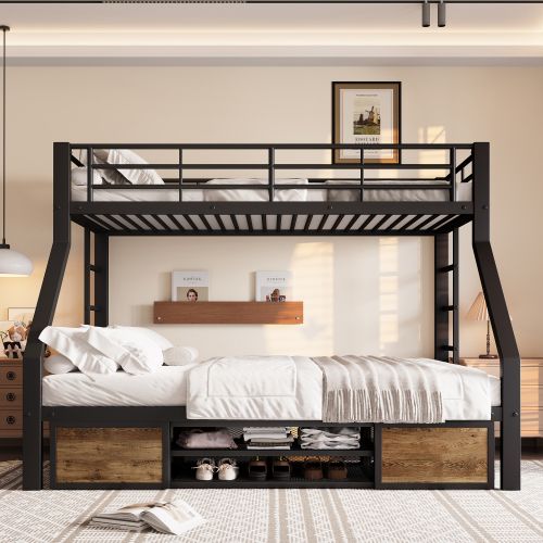 Lit Superposés 90x200 Cm Et 140x200 Cm Avec Étagère à Chaussures, 2 Compartiments De Rangement, Noir