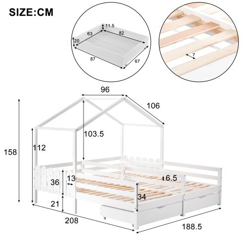 Lit Cabane Enfant 90x200 Cm, Lit 2 Personnes, Avec Lattes Et 2 Tiroirs, En Bois, Blanc