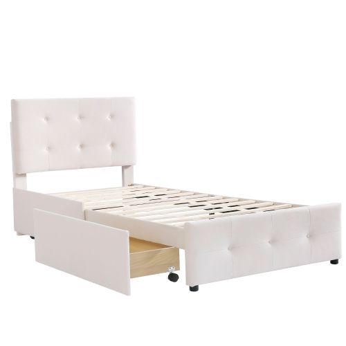 Lit Enfant 90x200 Cm Avec 2 Tiroirs Et Lattes, Tête Rembourrée En Velours, Beige