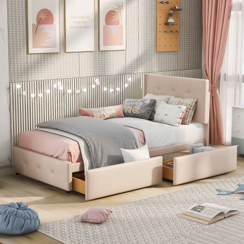 Lit Enfant 90x200 Cm Avec 2 Tiroirs, Tête De Lit Et Lattes, En Velours, Beige