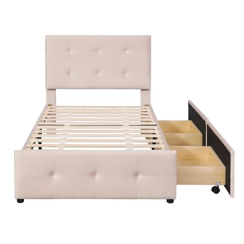 Lit Enfant 90x200 Cm Avec 2 Tiroirs, Tête De Lit Et Lattes, En Velours, Beige
