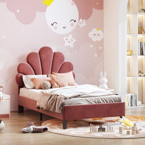Lit Enfant 90x200 Cm Avec Tête De Lit Fleurie Et Lattes, En Velours, Rouge