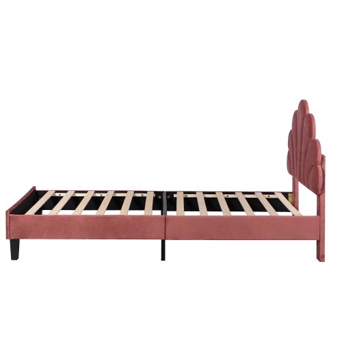 Lit Enfant 90x200 Cm Avec Tête De Lit Fleurie Et Lattes, En Velours, Rouge