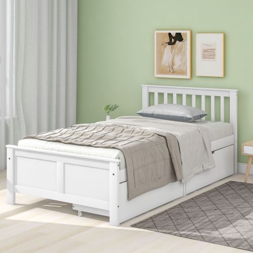 Lit Enfant 90x200 Cm, Avec 2 Tiroirs Et Tête De Lit à Lattes, En Bois, Blanc