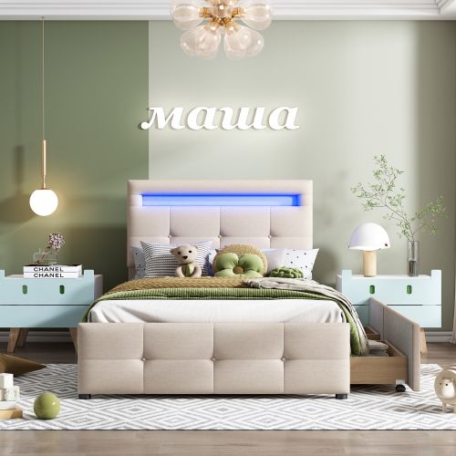 Lit Enfant 90x200 Cm Avec 2 Tiroirs, LED Et Tête De Lit Réglable, Avec Lattes, En Lin, Beige