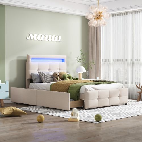 Lit Enfant 90x200 Cm Avec 2 Tiroirs, LED Et Tête De Lit Réglable, Avec Lattes, En Lin, Beige