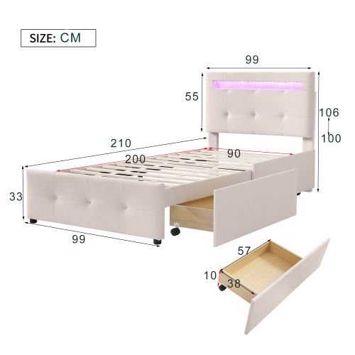 Lit Enfant 90x200 Cm Avec 2 Tiroirs, LED Et Tête De Lit Réglable, Avec Lattes, En Lin, Beige