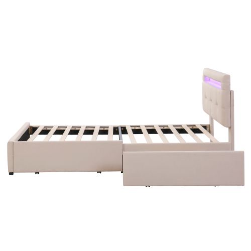 Lit Enfant 90x200 Cm Avec 2 Tiroirs, LED Et Tête De Lit Réglable, Avec Lattes, En Lin, Beige