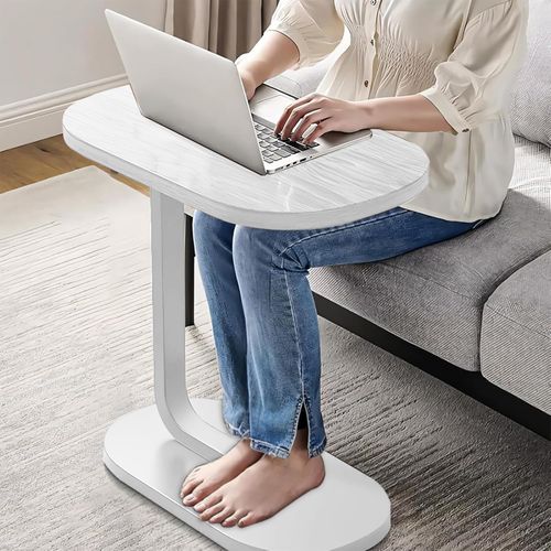 Table D’appoint C-shape En Bois Blanc 40×28×55,5 Cm Pour Canapé, Lit Ou Salon