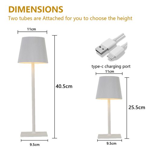 Lampe De Table Plissée Rechargeable 3w LED Métallique Blanc Étanche 2 Hauteurs