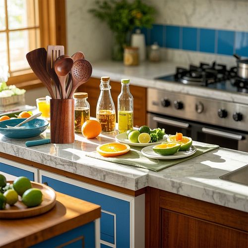 Set De 7 Ustensiles De Cuisine Bois Naturel - Antidérapants Avec Tonneau De Rangement