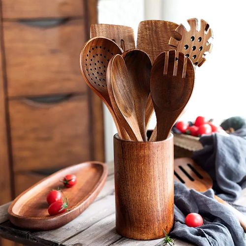 Set De 7 Ustensiles De Cuisine Bois Naturel - Antidérapants Avec Tonneau De Rangement