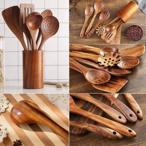 Set De 7 Ustensiles De Cuisine Bois Naturel - Antidérapants Avec Tonneau De Rangement