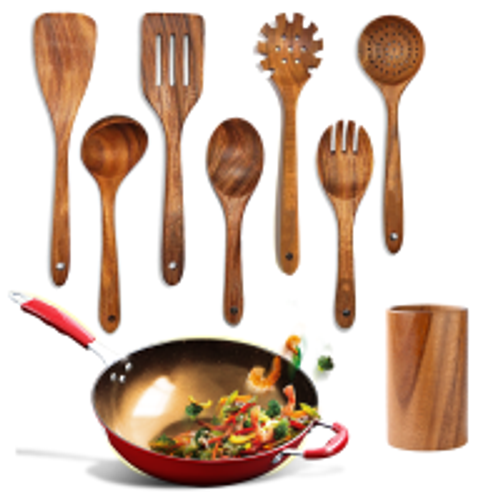 Set De 7 Ustensiles De Cuisine Bois Naturel - Antidérapants Avec Tonneau De Rangement