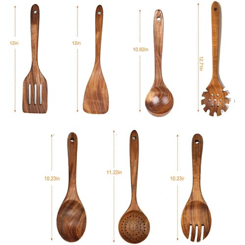 Set De 7 Ustensiles De Cuisine Bois Naturel - Antidérapants Avec Tonneau De Rangement