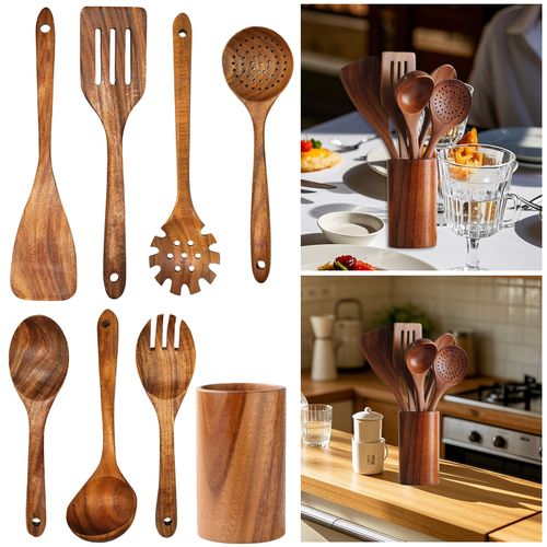 Set De 7 Ustensiles De Cuisine Bois Naturel - Antidérapants Avec Tonneau De Rangement