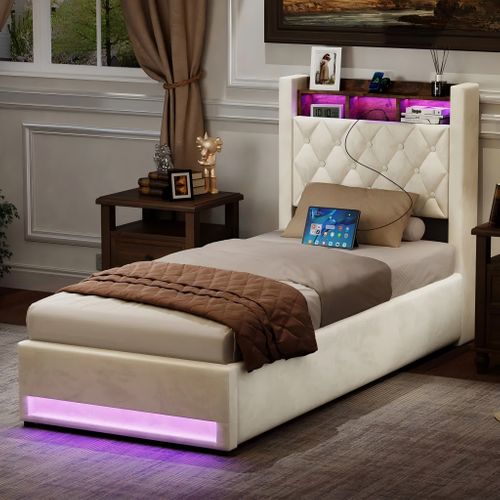 Lit Coffre 90x190 Cm, Lit Enfant Avec Lumière LED, Port USB Et Prise, Étagère, En Velours, Beige
