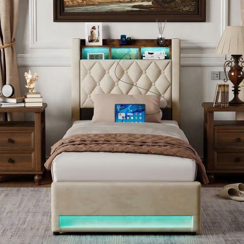 Lit Coffre 90x190 Cm, Lit Enfant Avec Lumière LED, Port USB Et Prise, Étagère, En Velours, Beige