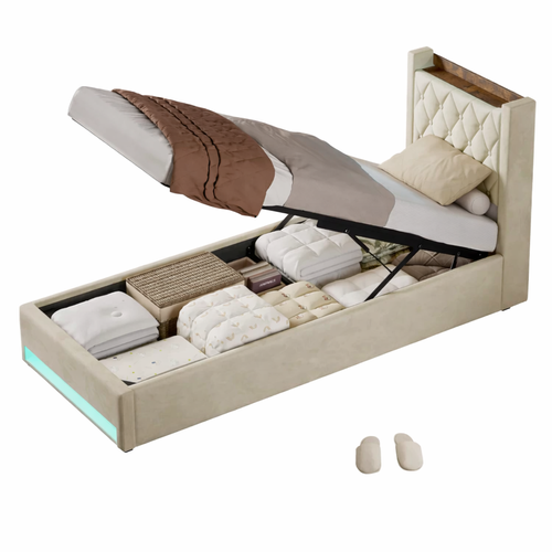 Lit Coffre 90x190 Cm, Lit Enfant Avec Lumière LED, Port USB Et Prise, Étagère, En Velours, Beige
