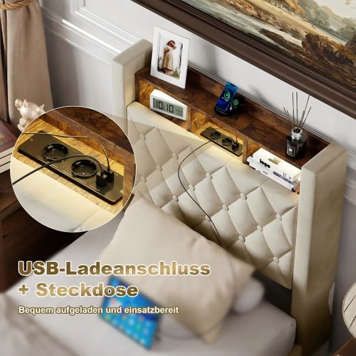Lit Coffre 90x190 Cm, Lit Enfant Avec Lumière LED, Port USB Et Prise, Étagère, En Velours, Beige