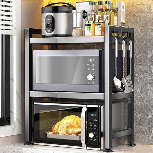 Étagère De Rangement De Cuisine Noire - Double Niveau Extensible - 6 Crochets